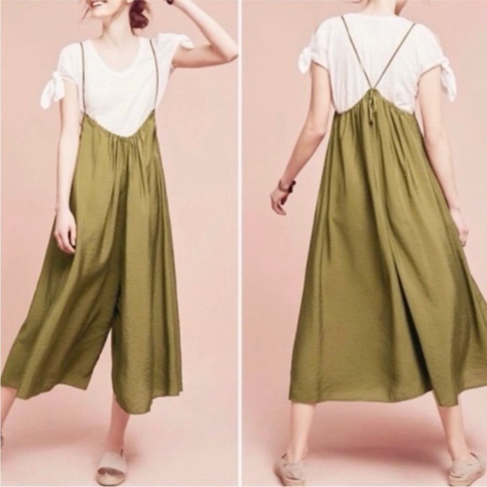 Akemi + Kin x Anthropologie Olive Green Maxi Wide-Leg Romper L Boho Chic Cottage